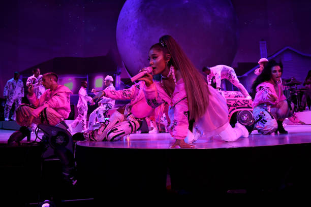 Ariana Grande performs on stage during her "Sweetener World Tour" at The O2 Arena on August 19, 2019 in London, England