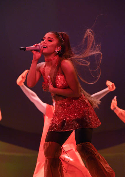 Ariana Grande performs on stage during her "Sweetener World Tour" at The O2 Arena on August 17, 2019 in London, England