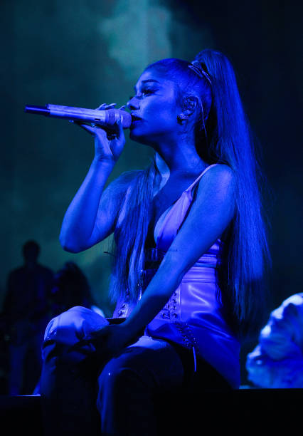 Ariana Grande performs on stage during her "Sweetener World Tour" at The O2 Arena on August 17, 2019 in London, England