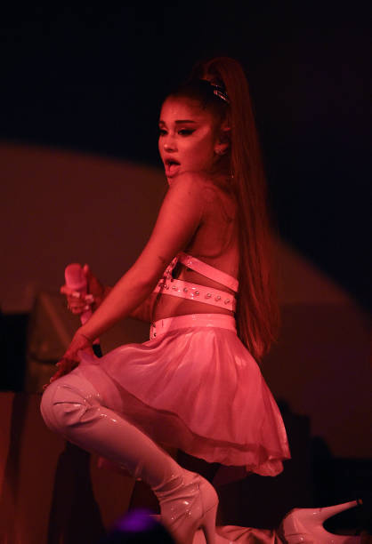 Ariana Grande performs on stage during her "Sweetener World Tour" at The O2 Arena on August 17, 2019 in London, England
