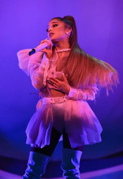 Ariana Grande performs on stage during her "Sweetener World Tour" at The O2 Arena on August 17, 2019 in London, England