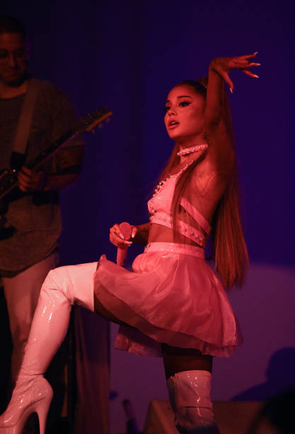 Ariana Grande performs on stage during her "Sweetener World Tour" at The O2 Arena on August 17, 2019 in London, England