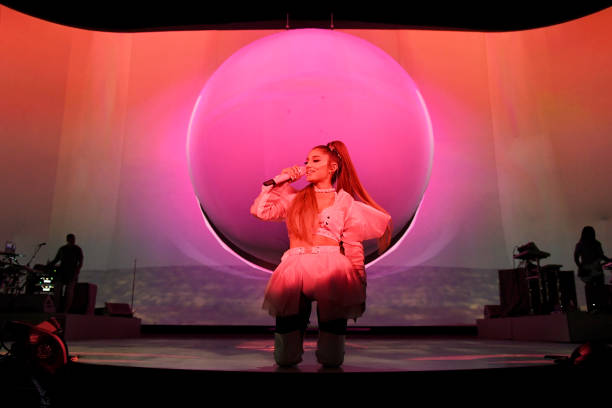 Ariana Grande performs on stage during her "Sweetener World Tour" at The O2 Arena on August 19, 2019 in London, England