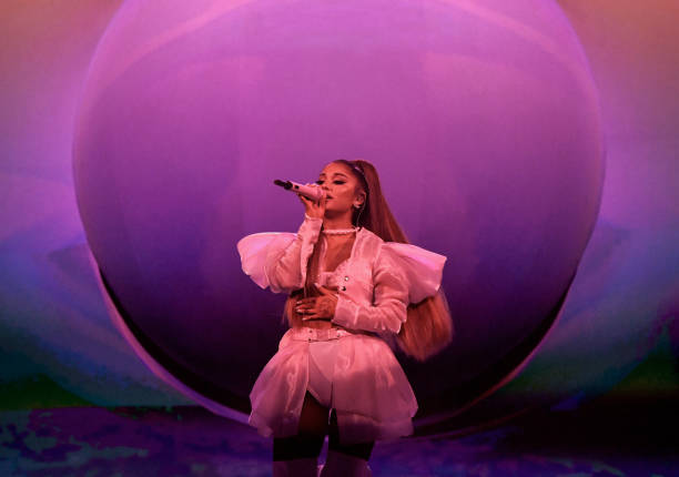 Ariana Grande performs on stage during her "Sweetener World Tour" at The O2 Arena on August 17, 2019 in London, England