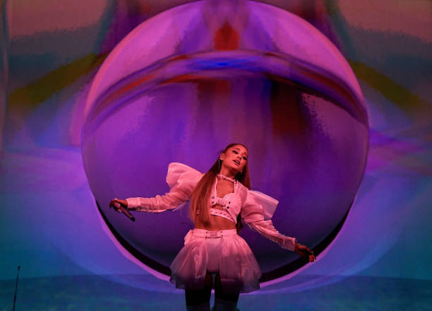 Ariana Grande performs on stage during her "Sweetener World Tour" at The O2 Arena on August 17, 2019 in London, England