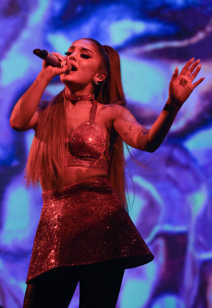 Ariana Grande performs on stage during her "Sweetener World Tour" at The O2 Arena on August 17, 2019 in London, England