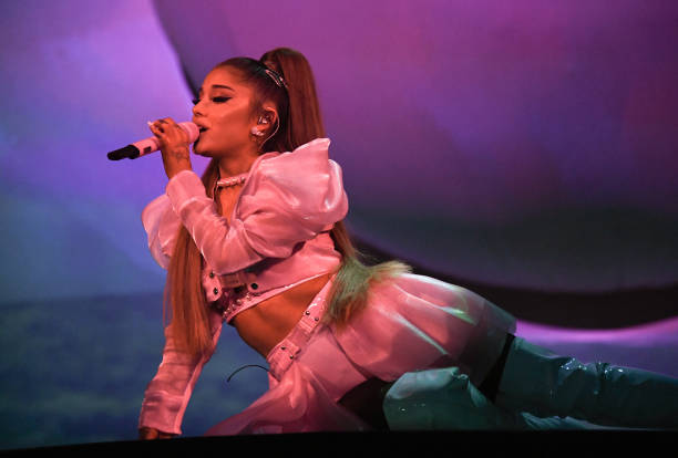 Ariana Grande performs on stage during her "Sweetener World Tour" at The O2 Arena on August 17, 2019 in London, England