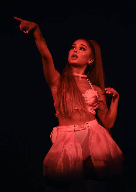 Ariana Grande performs on stage during her "Sweetener World Tour" at The O2 Arena on August 17, 2019 in London, England