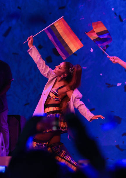 Ariana Grande performs on stage during her "Sweetener World Tour" at The O2 Arena on August 17, 2019 in London, England