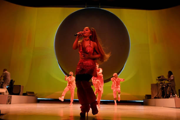 Ariana Grande performs on stage during her "Sweetener World Tour" at The O2 Arena on August 19, 2019 in London, England