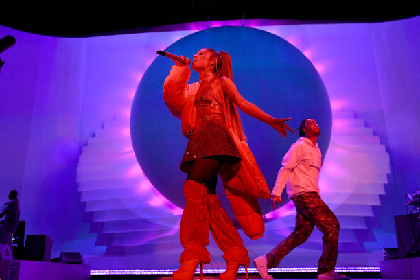 Ariana Grande performs on stage with Mikey Foster of Social House during her "Sweetener World Tour" at The O2 Arena on August 19, 2019 in London, England. (612×408)