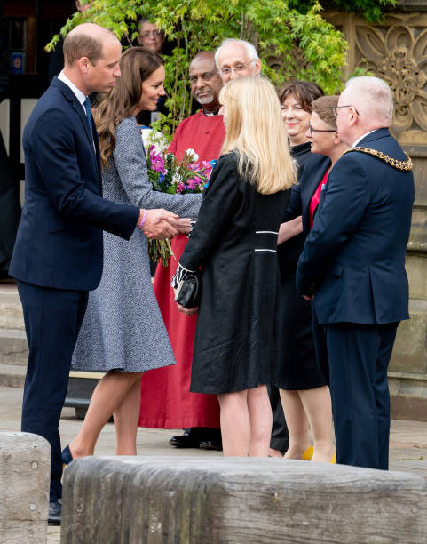 Prince William, Duke of Cambridge, and Catherine, Duchess of Cambridge, depart after attending the official opening of the Glade of Light Memorial at Manchester Cathedral on May 10, 2022 in Manchester, England. The Glade of Light Memorial commemorates the victims of the terrorist attack that took place after an Ariana Grande concert at Manchester Arena on May 22, 2017. (481×612)