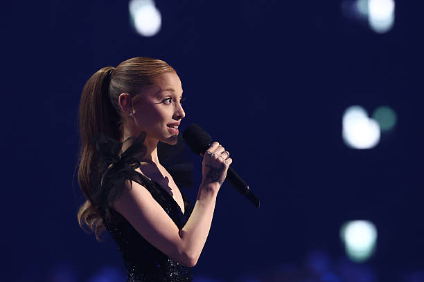 Ariana Grande speaks onstage during the 2025 MTV Video Music Awards at UBS Arena on September 07, 2025 in Elmont, New Yo