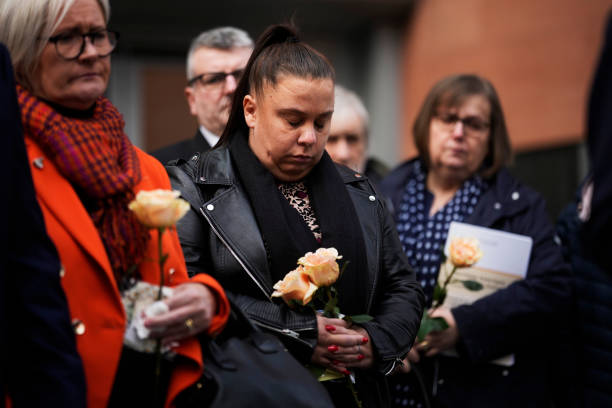 Victims families listen as their representative Richard Scorer from Slater and Gordon solicitors, makes a statement outside Manchester Magistrates' Court as the final report on the Manchester Arena attack is published, on March 2, 2023 in Manchester, United Kingdom. The independent public inquiry investigating the deaths of the victims of the 2017 Manchester Arena terror attack at an Ariana Grande concert is presided over by Sir John Saunders, the Coroner responsible for conducting the Inquests arising from the deaths of the 22 people killed. The third and final report of the inquiry, The final report, focusing on MI5 and police, is published today. (612×408)