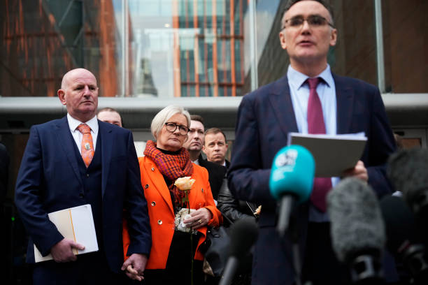 Victims families listen as their representative Richard Scorer from Slater and Gordon solicitors makes a statement outside Manchester Magistrates' Court as the final report on the Manchester Arena attack is published, on March 2, 2023 in Manchester, United Kingdom. The independent public inquiry investigating the deaths of the victims of the 2017 Manchester Arena terror attack at an Ariana Grande concert is presided over by Sir John Saunders, the Coroner responsible for conducting the Inquests arising from the deaths of the 22 people killed. The third and final report of the inquiry, The final report, focusing on MI5 and police, is published today. (612×408)