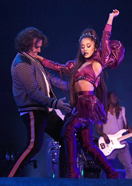 Chasez of NSYNC and Ariana Grande perform on Coachella Stage during the 2019 Coachella Valley Music And Arts Festival on