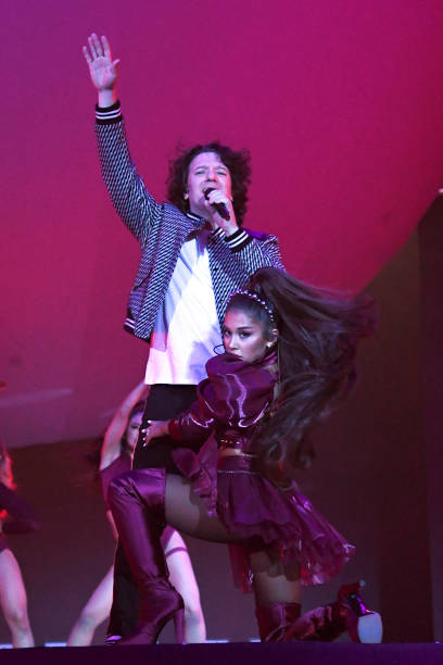 Chasez of NSYNC and Ariana Grande perform on Coachella Stage during the 2019 Coachella Valley Music And Arts Festival on