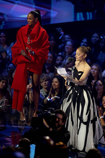 Ciara and Ariana Grande onstage during the 2025 MTV Video Music Awards at UBS Arena on September 07, 2025 in Elmont, New York. — frame 117/246 (408×612)