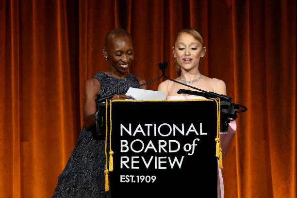 Cynthia Erivo and Ariana Grande accept the NBR Spotlight Award: Creative Collaboration for "Wicked" onstage during The N