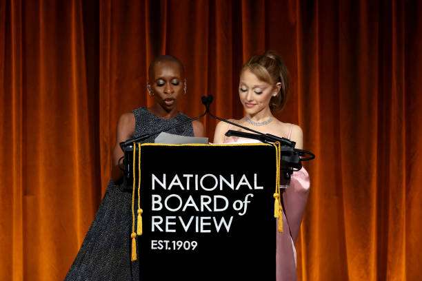 Cynthia Erivo and Ariana Grande accept the NBR Spotlight Award: Creative Collaboration for "Wicked" onstage during The N