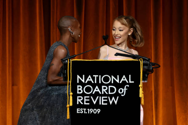 Cynthia Erivo and Ariana Grande accept the NBR Spotlight Award: Creative Collaboration for "Wicked" onstage during The N
