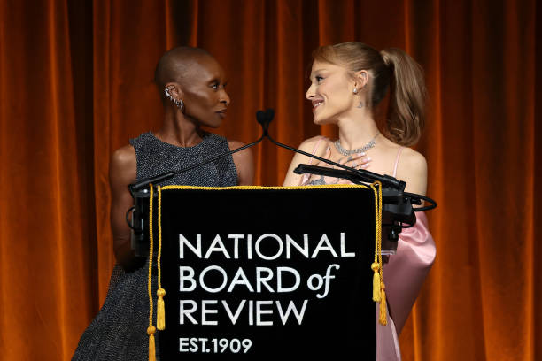 Cynthia Erivo and Ariana Grande accept the NBR Spotlight Award: Creative Collaboration for "Wicked" onstage during The N