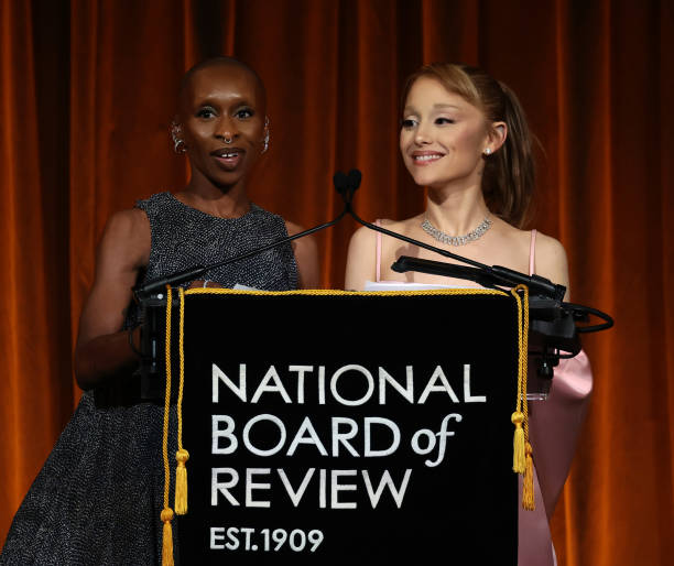 Cynthia Erivo and Ariana Grande accept the NBR Spotlight Award: Creative Collaboration for "Wicked" onstage during The N