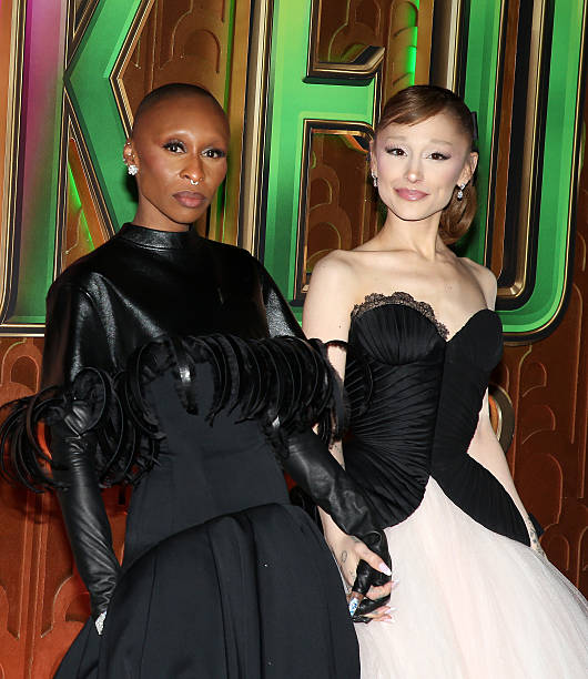 Cynthia Erivo and Ariana Grande pose during the New York City premiere of the film "Wicked: For Good" at David Geffen Ha