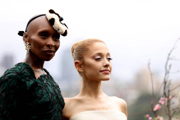 Cynthia Erivo and Ariana Grande pose for a photocall at Mrs Macquarie's Chair during the Australian premiere of "Wicked"