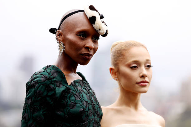 Cynthia Erivo and Ariana Grande pose for a photocall at Mrs Macquarie's Chair during the Australian premiere of "Wicked"