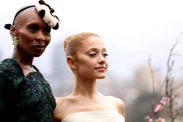 Cynthia Erivo and Ariana Grande pose for a photocall at Mrs Macquarie's Chair during the Australian premiere of "Wicked"