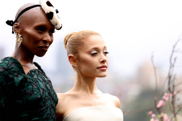Cynthia Erivo and Ariana Grande pose for a photocall at Mrs Macquarie's Chair during the Australian premiere of "Wicked"