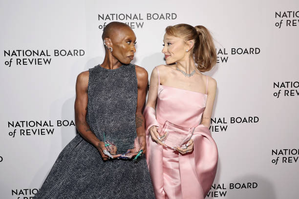 Cynthia Erivo and Ariana Grande pose with the NBR Spotlight Award: Creative Collaboration for "Wicked" during The Nation