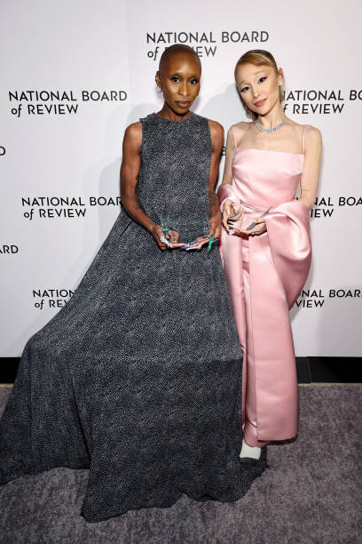Cynthia Erivo and Ariana Grande pose with the NBR Spotlight Award: Creative Collaboration for "Wicked" during The Nation