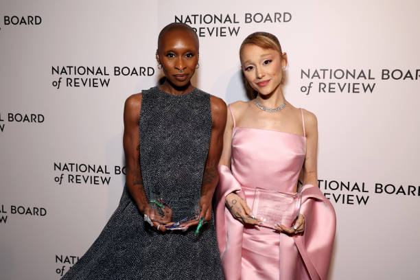 Cynthia Erivo and Ariana Grande pose with the NBR Spotlight Award: Creative Collaboration for "Wicked" during The Nation