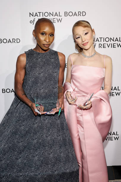Cynthia Erivo and Ariana Grande pose with the NBR Spotlight Award: Creative Collaboration for "Wicked" during The Nation