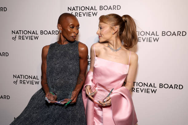 Cynthia Erivo and Ariana Grande pose with the NBR Spotlight Award: Creative Collaboration for "Wicked" during The Nation