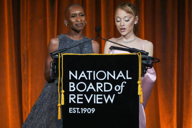 Cynthia Erivo, Ariana Grande speak onstage at The National Board of Review Gala held at Cipriani on January 7, 2025 in N
