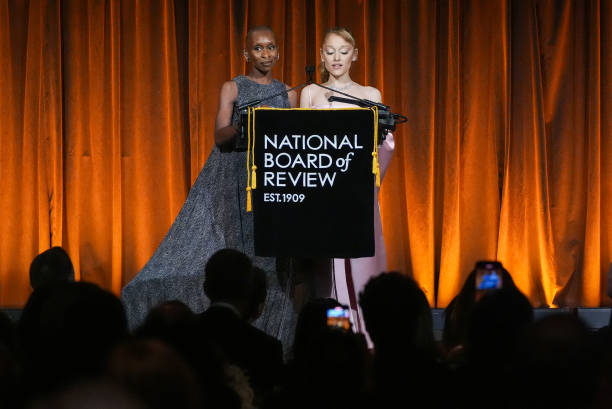Cynthia Erivo, Ariana Grande speak onstage at The National Board of Review Gala held at Cipriani on January 7, 2025 in N