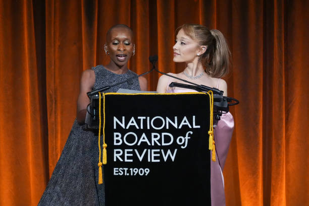 Cynthia Erivo, Ariana Grande speak onstage at The National Board of Review Gala held at Cipriani on January 7, 2025 in N