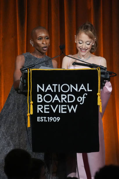 Cynthia Erivo, Ariana Grande speak onstage at The National Board of Review Gala held at Cipriani on January 7, 2025 in N