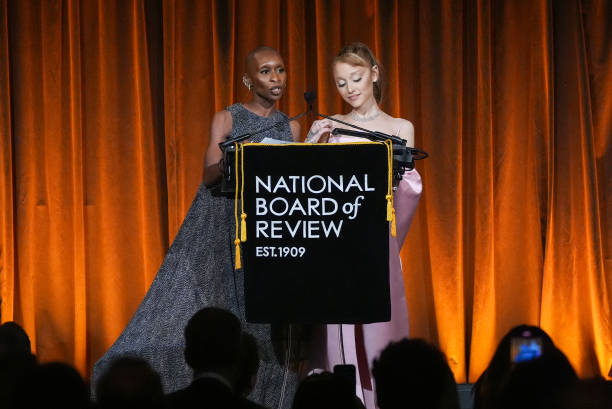 Cynthia Erivo, Ariana Grande speak onstage at The National Board of Review Gala held at Cipriani on January 7, 2025 in N