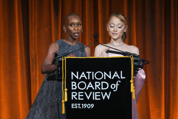 Cynthia Erivo, Ariana Grande speak onstage at The National Board of Review Gala held at Cipriani on January 7, 2025 in N