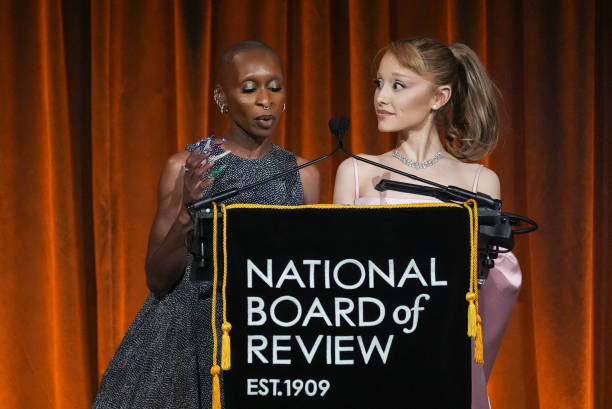 Cynthia Erivo, Ariana Grande speak onstage at The National Board of Review Gala held at Cipriani on January 7, 2025 in N