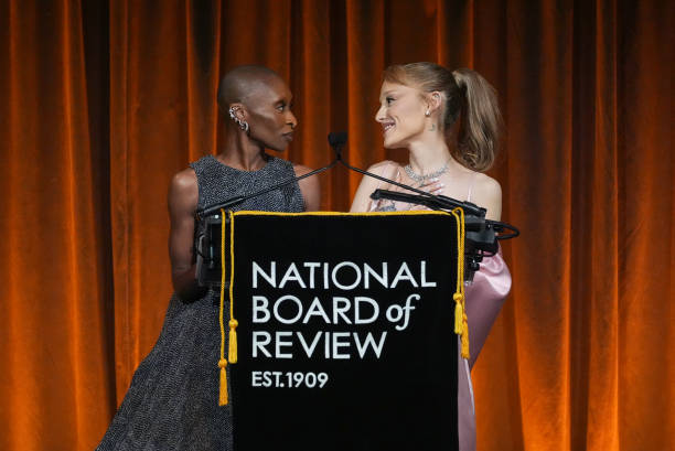 Cynthia Erivo, Ariana Grande speak onstage at The National Board of Review Gala held at Cipriani on January 7, 2025 in New York, New York. — frame 58/76 (612×409)