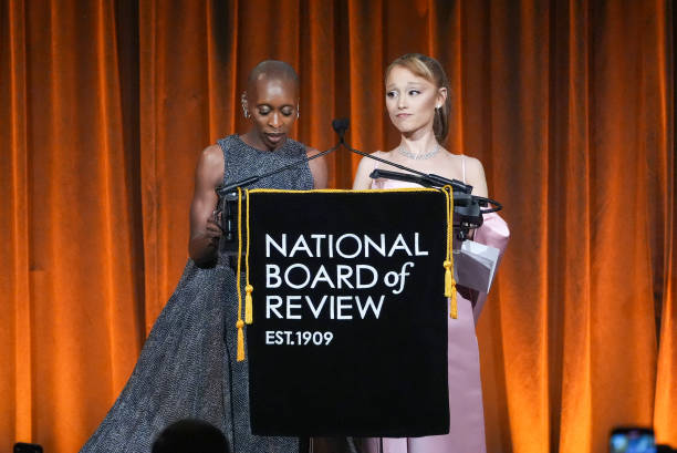 Cynthia Erivo, Ariana Grande speak onstage at The National Board of Review Gala held at Cipriani on January 7, 2025 in N