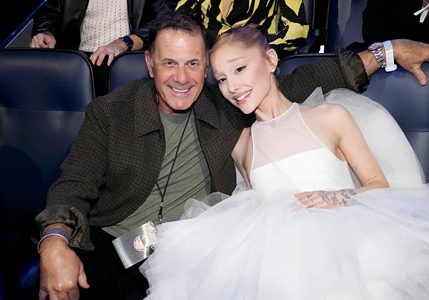 Ed Butera and Ariana Grande attend the 2025 MTV Video Music Awards at UBS Arena on September 07, 2025 in Elmont, New Yor