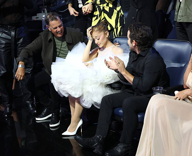 Ed Butera, Ariana Grande, and Christian Breslauer attend the 2025 MTV Video Music Awards at UBS Arena on September 07, 2