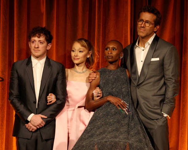 Ethan Slater, Ariana Grande, and Cynthia Erivo accept the Best Film Award for "Wicked" from Ryan Reynolds onstage during The National Board of Review Annual Awards Gala at Cipriani 42nd Street on January 07, 2025 in New York City. (612×488)