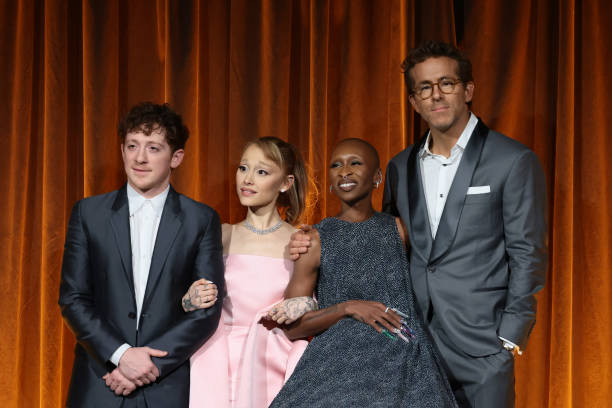 Ethan Slater, Ariana Grande, and Cynthia Erivo accept the Best Film Award for "Wicked" from Ryan Reynolds onstage during The National Board of Review Annual Awards Gala at Cipriani 42nd Street on January 07, 2025 in New York City. (612×408)